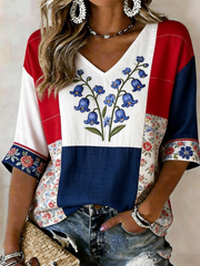 Women's Bluebell Print linen short-sleeved T-shirt
