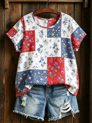 Women's Bluebell Print linen short-sleeved T-shirt