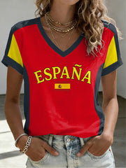 Women's Spanish Football Printed V-neck T-shirt