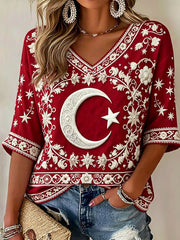 Women's Turkish Flag Print V-Neck T-Shirts