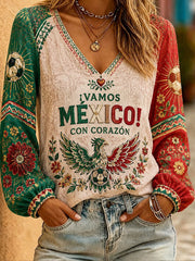 Women's Mexico Football Lover Floral Art Printed Linen T-shirt