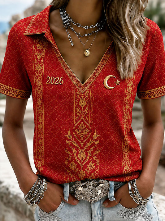 Women's Turkey 2026 Football V-neck off-shoulder short-sleeved T-shirt