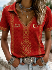 Women's Turkey 2026 Football V-neck off-shoulder short-sleeved T-shirt