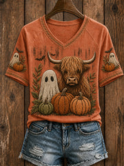 Women's Retro Autumn Highland Cow Pumpkin Ghost Short Sleeve T-shirt