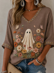 Women's Halloween Wildflowers Ghost Mid-length Sleeves V-Neck T-Shirt