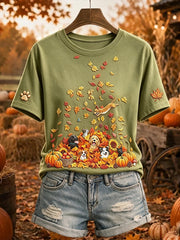 Women's Cute Dogs and Cats Fall Art Print Short-sleeved T-shirt