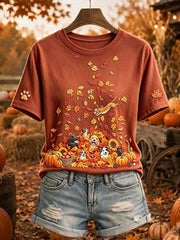 Women's Cute Dogs and Cats Fall Art Print Short-sleeved T-shirt