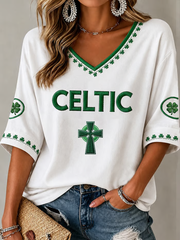 Women's Celtic Football Printed Mid-length Sleeves V-Neck T-Shirt