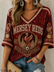 Women's Gift For Soccer Fans Liverpool Print Mid-length Sleeves V-Neck T-Shirt