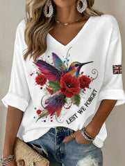 Women's Hummingbird & Lest We Forget Mid-length Sleeves V-Neck T-Shirt