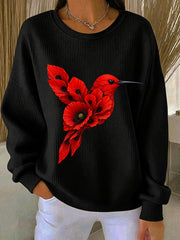 Women's Hummingbird Print Ribbed Round-Neck Sweatshirt