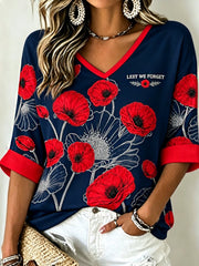 Women's Remembrance Day Lest We Forget Mid-length Sleeves V-Neck T-Shirt