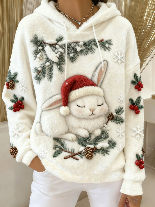Women's Christmas Cute Rabbit Flannel Hoodie