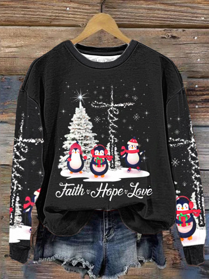 Women's Ph Merry Christmas Penguin Faith Hope Love Xmas TreeRegular Sweatshirt