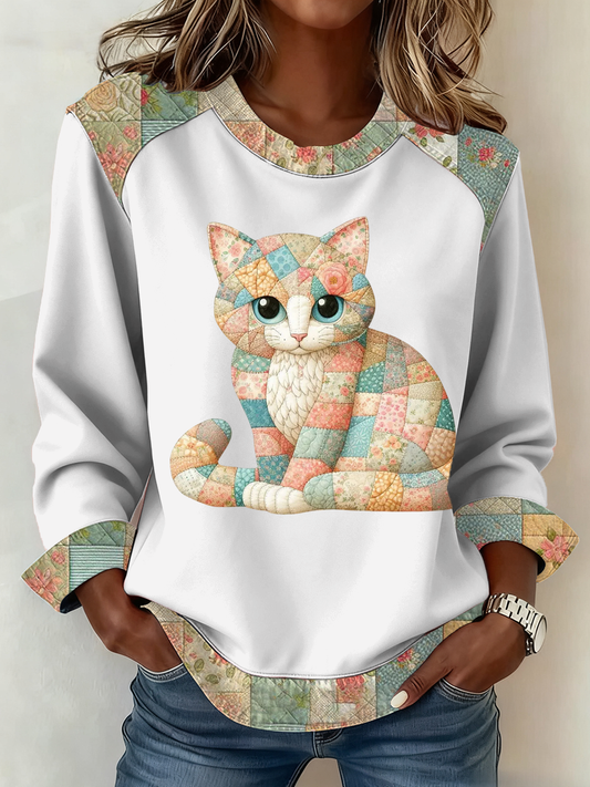 Women's Cute cat print Patchwork Top