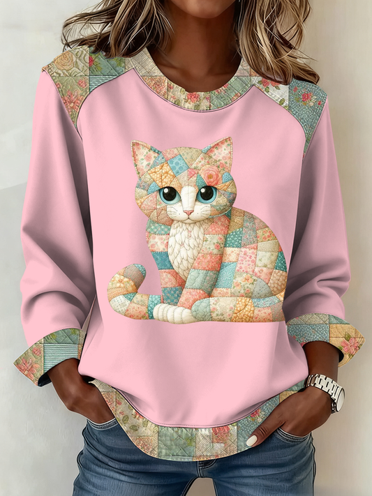 Women's Cute cat print Patchwork Top