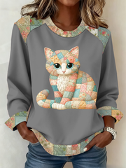 Women's Cute cat print Patchwork Top