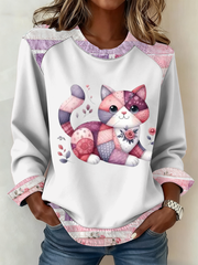 Women's Cute cat print Patchwork Top