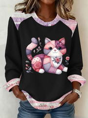 Women's Cute cat print Patchwork Top