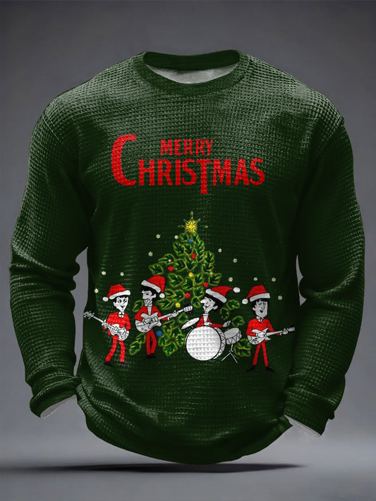 Men's Retro Classic Legendary Rock Band Merry Christmas Print Gift For Fans Casual Waffle Long Sleeve T-Shirt