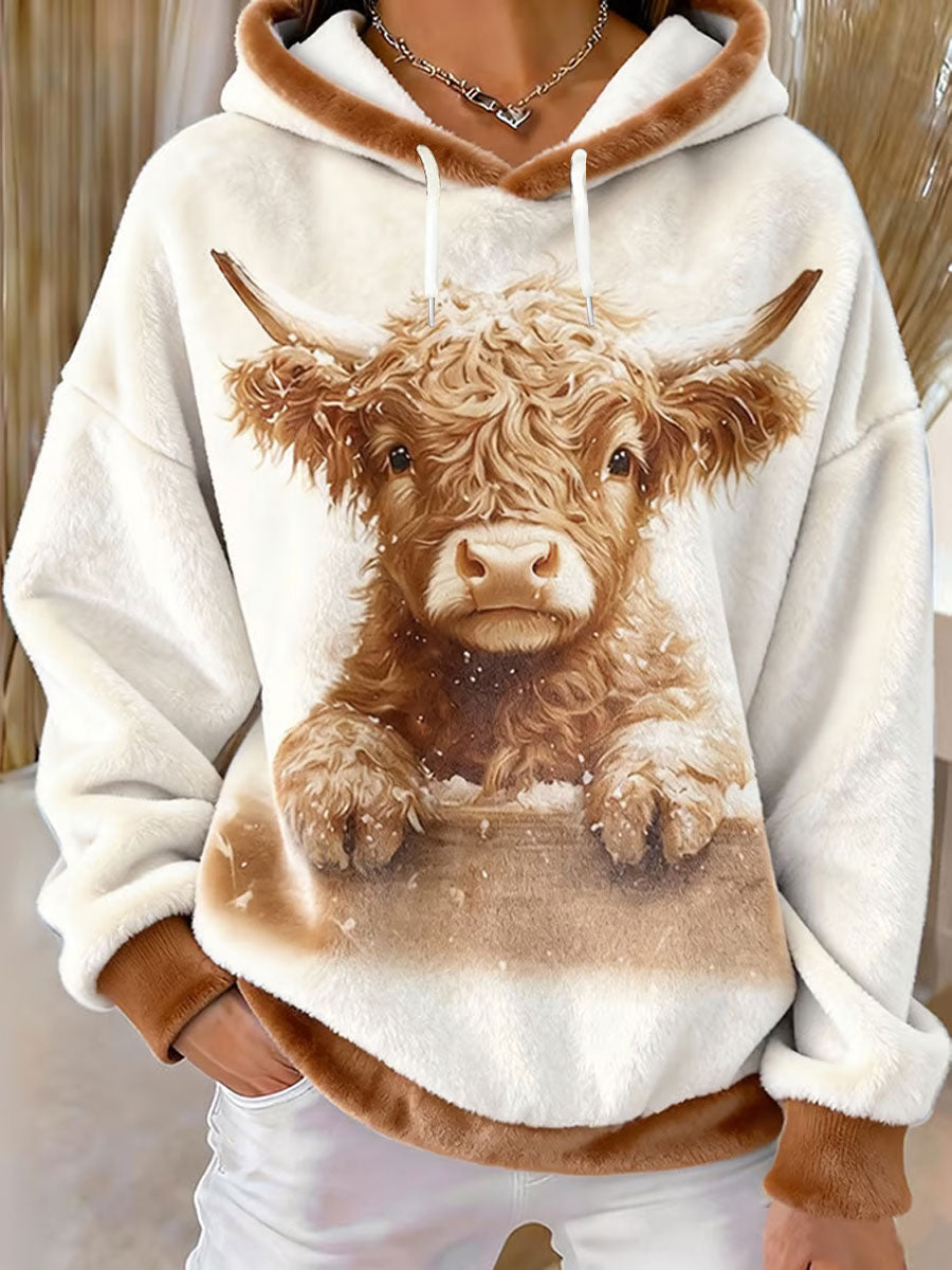 Women's Winter Cute Highland Cow  Flannel Hoodie