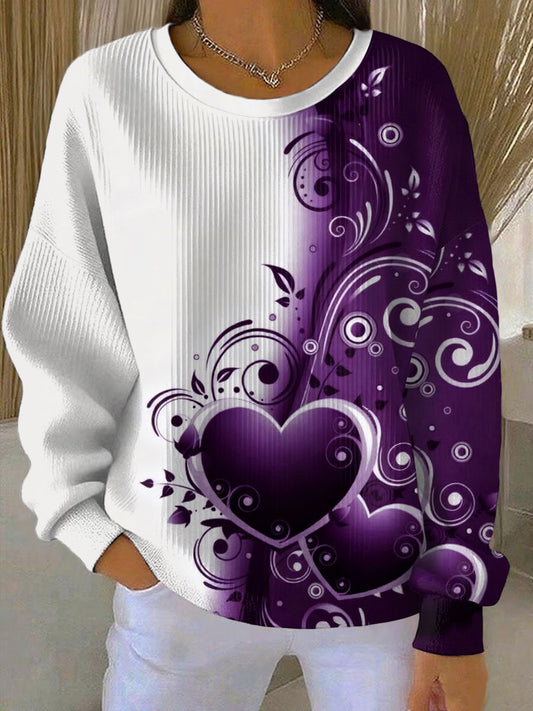 Women's Vintage Purple Floral Art Print Ribbed Round-Neck Sweatshirt