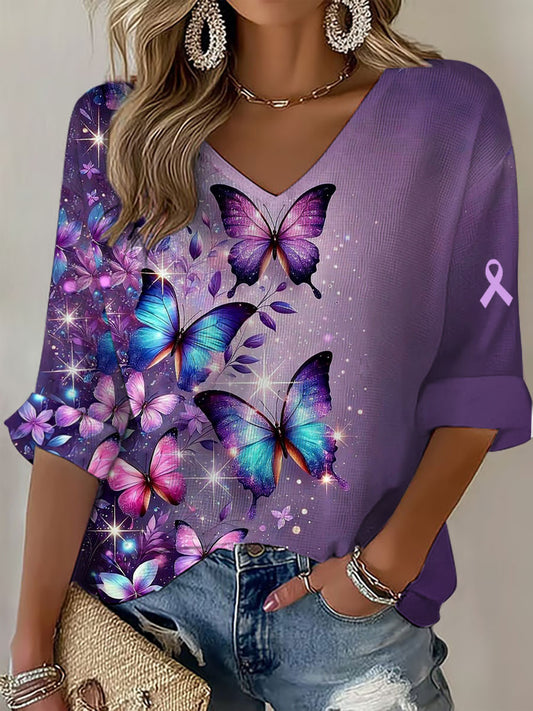 Women's purple butterfly V-neck long-sleeved top