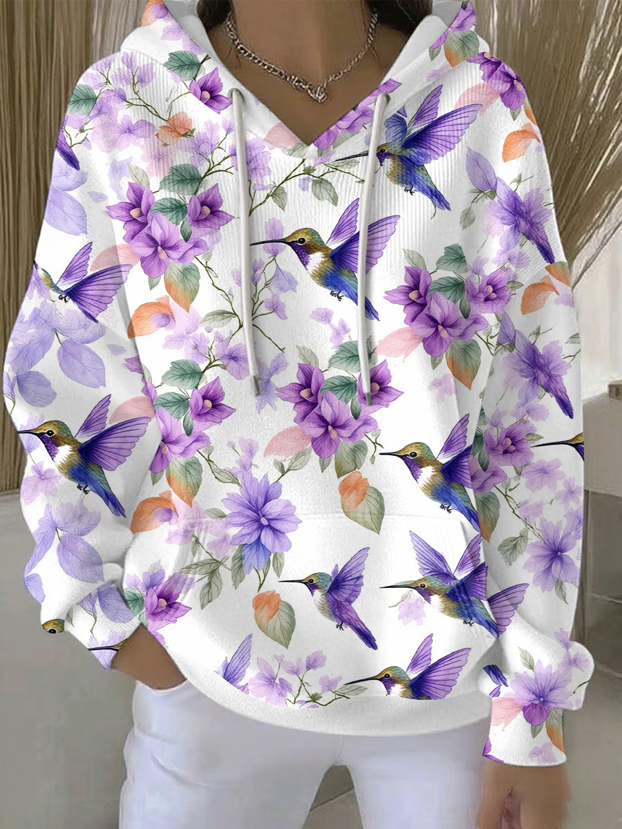 Women's  Purple Flora Art Print Casual Hoodie