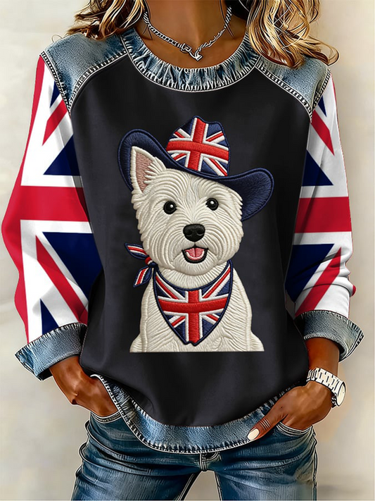 Women's UK West Highland White Terrier Denim Patchwork Top