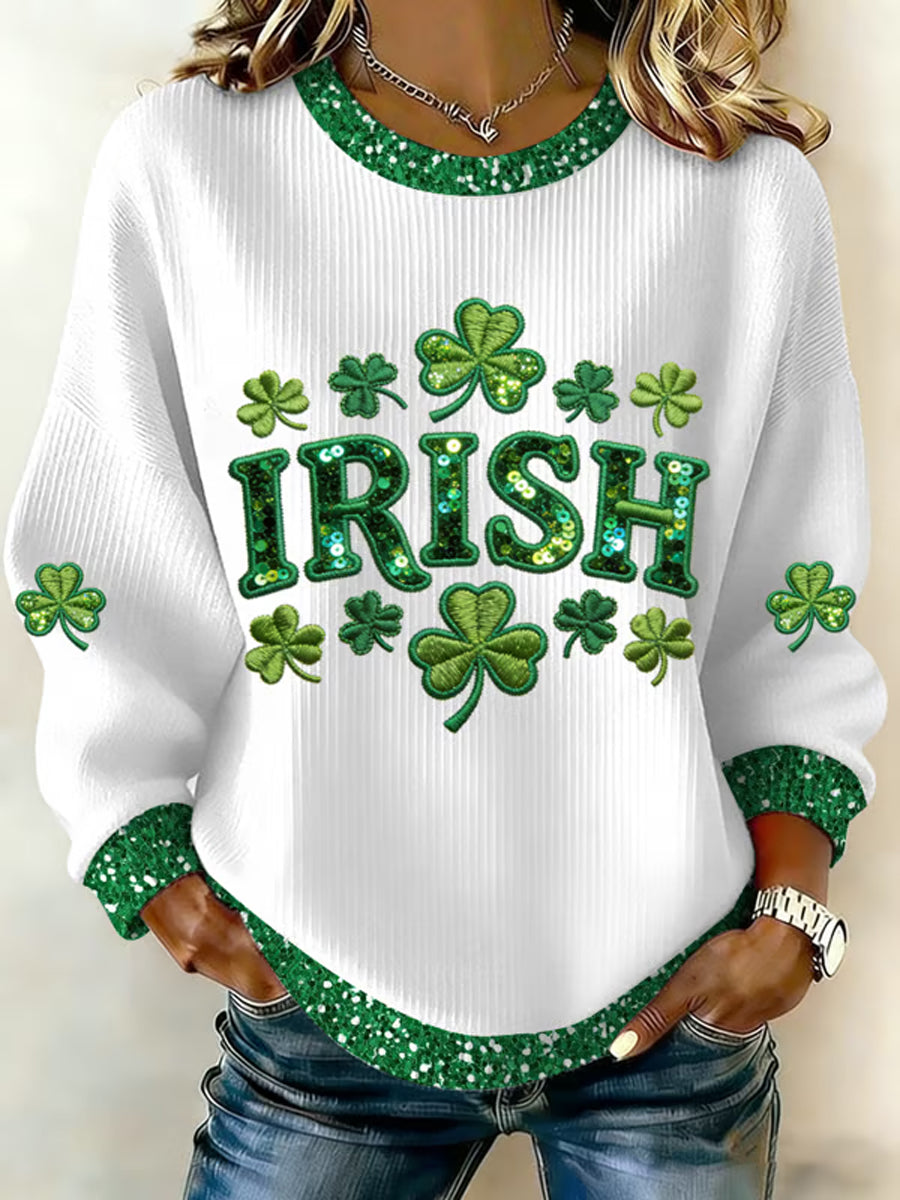 Women's St Patrick's Day  Shamrock  Ribbed Round-Neck Sweatshirt