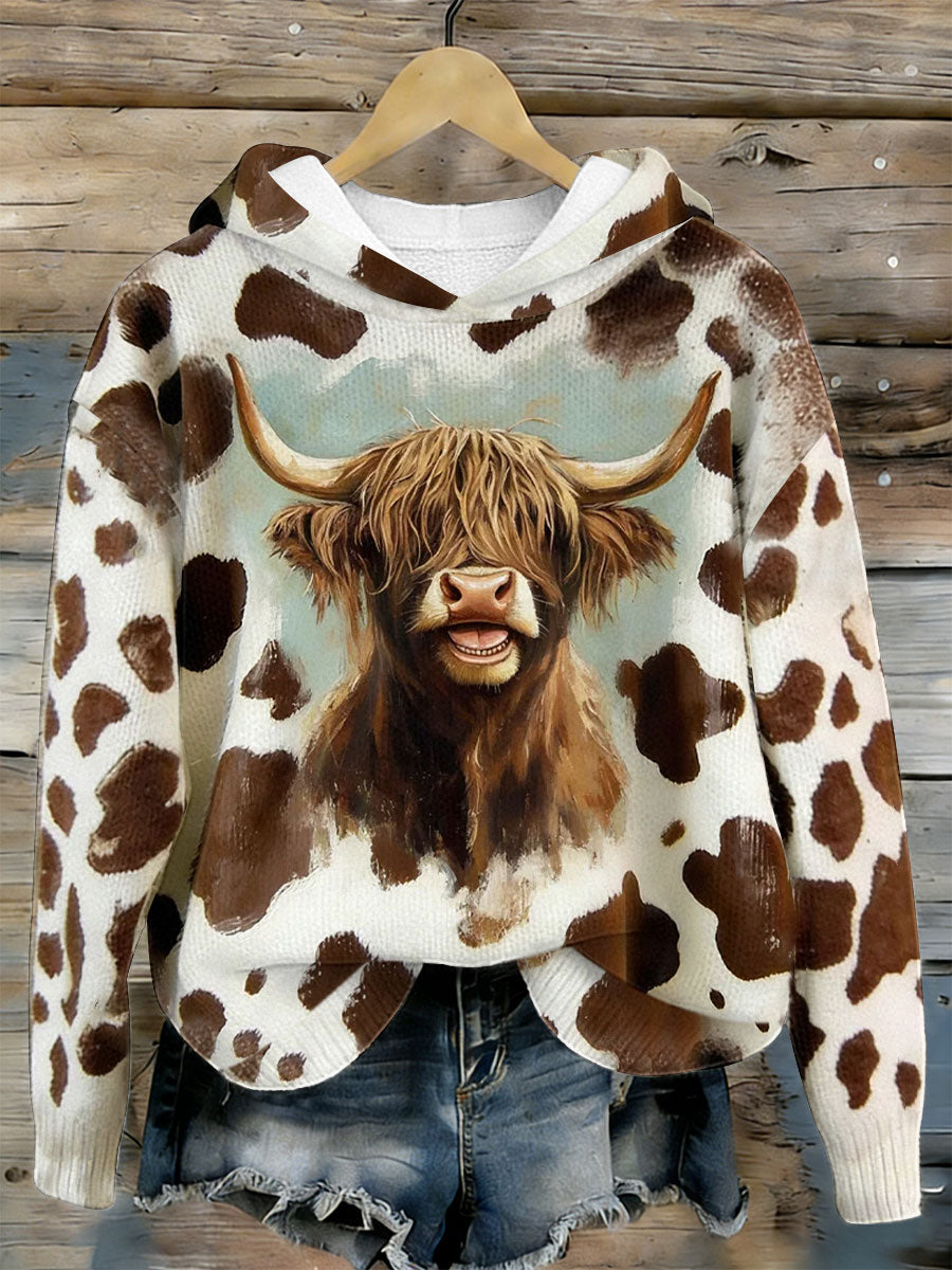 Women's Funny Highland Cow Art Cozy Hooded Sweater