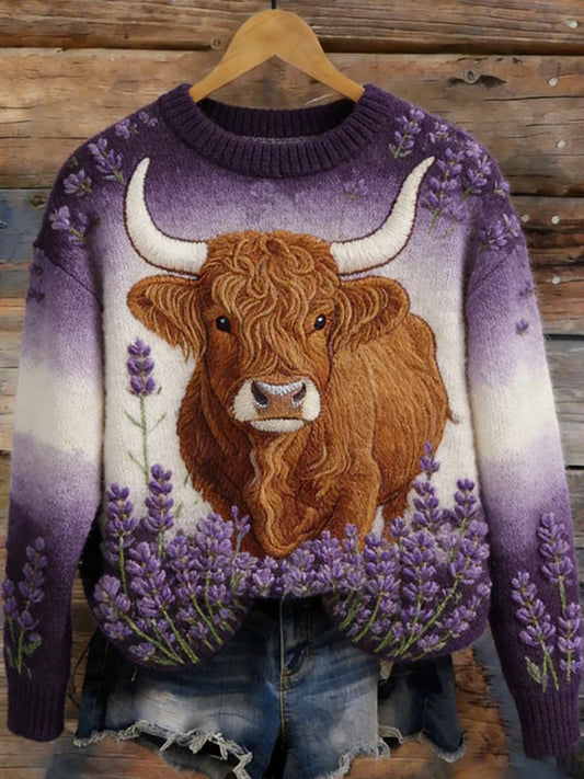 Women's Funny Highland Cow Floral Art Cozy Sweater