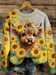 Women's Funny Highland Cow Floral Art Cozy Sweater