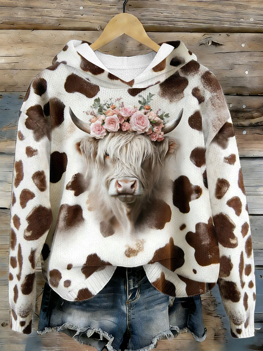 Women's Funny Highland Cow Floral Art Cozy Hooded Sweater