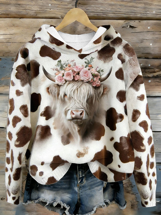 Women's Funny Highland Cow Floral Art Cozy Hooded Sweater
