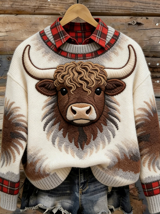 Women's Funny Highland Cow Art Cozy Sweater