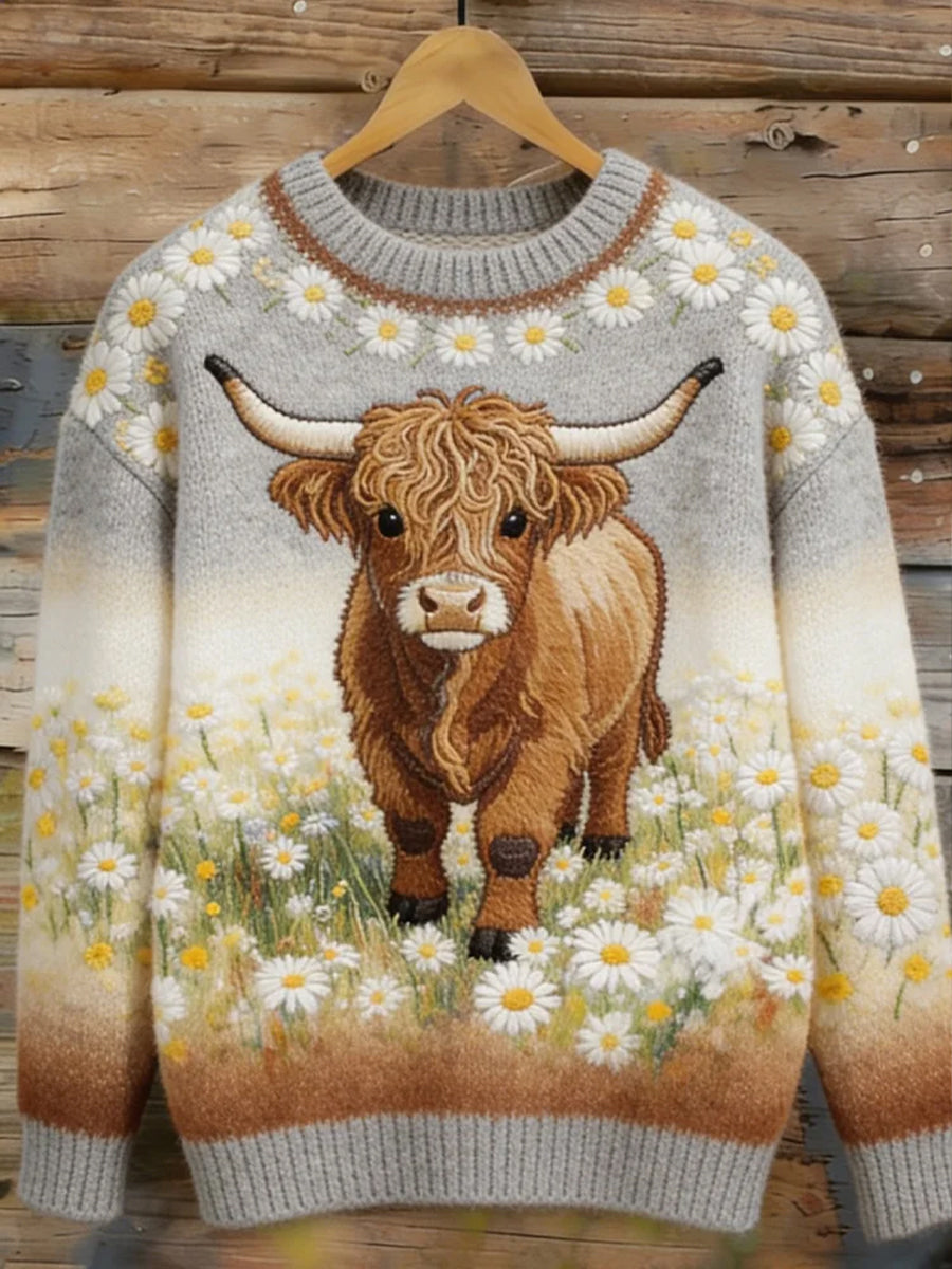 Women's Highland Cow Floral Art Cozy Sweater