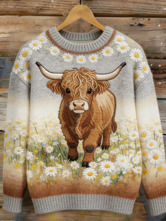 Women's Highland Cow Floral Art Cozy Sweater