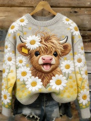 Women's Cute Highland Cow Floral Art Cozy Sweater