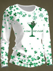 Women's Funny St. Patrick's Day Shamrock Art Round Neck Long Sleeve T-shirt