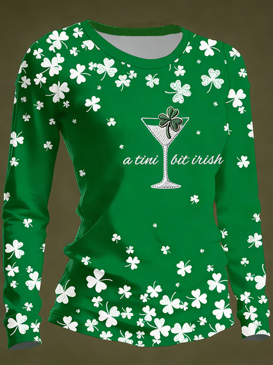 Women's Funny St. Patrick's Day Shamrock Art Round Neck Long Sleeve T-shirt