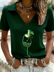 Women's Funny St. Patrick's Day Shamrock Printed V-Neck Short Sleeve T-shirt