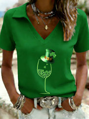 Women's Funny St. Patrick's Day Shamrock Printed V-Neck Short Sleeve T-shirt