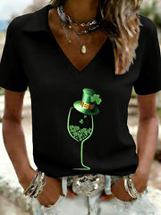 Women's Funny St. Patrick's Day Shamrock Printed V-Neck Short Sleeve T-shirt