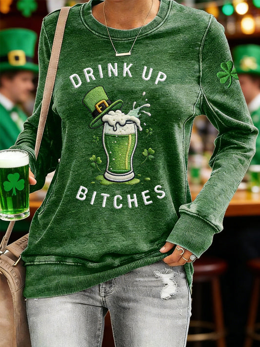 Women's  Funny St. Patrick's Day Drink Up Bitches Green Beer Shamrock Print Casual Sweatshirt
