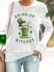 Women's  Funny St. Patrick's Day Drink Up Bitches Green Beer Shamrock Print Casual Sweatshirt
