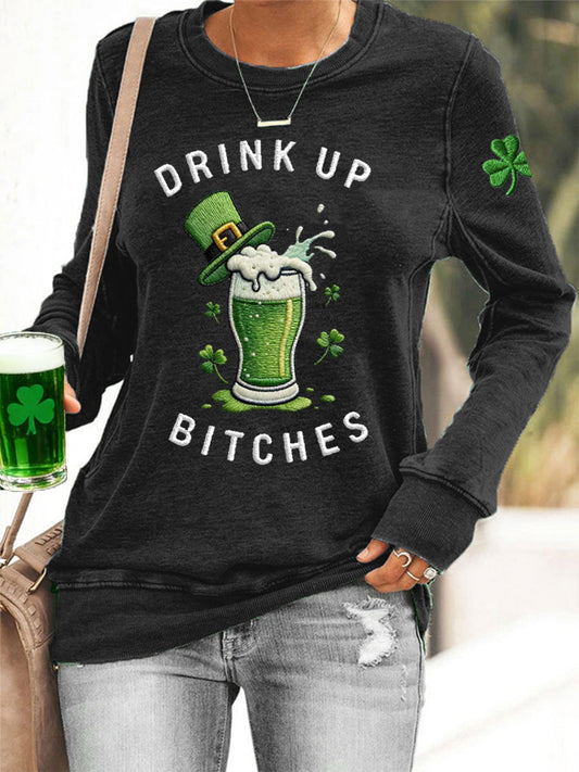 Women's  Funny St. Patrick's Day Drink Up Bitches Green Beer Shamrock Print Casual Sweatshirt