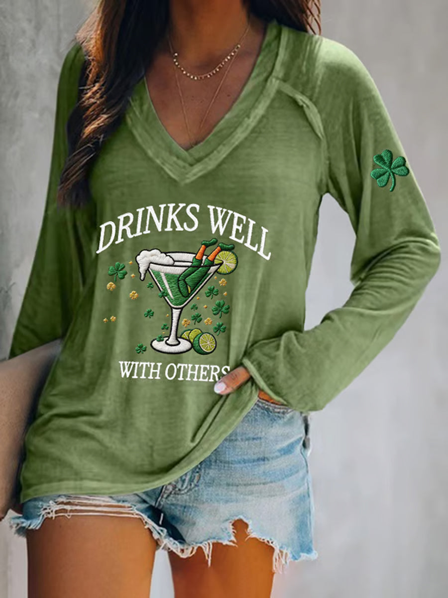 Women's St. Patrick's Day Drinks Well With Others Print  V-Neck T-Shirt