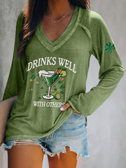 Women's St. Patrick's Day Drinks Well With Others Print  V-Neck T-Shirt