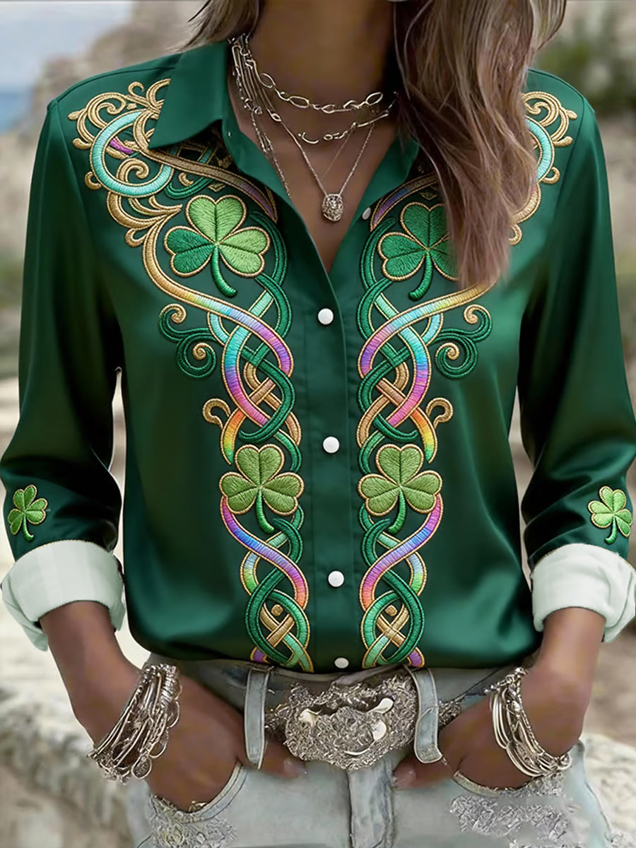 Women's St. Patrick's Day Celtic Knot Shamrock Print Casual Long-Sleeve Shirt